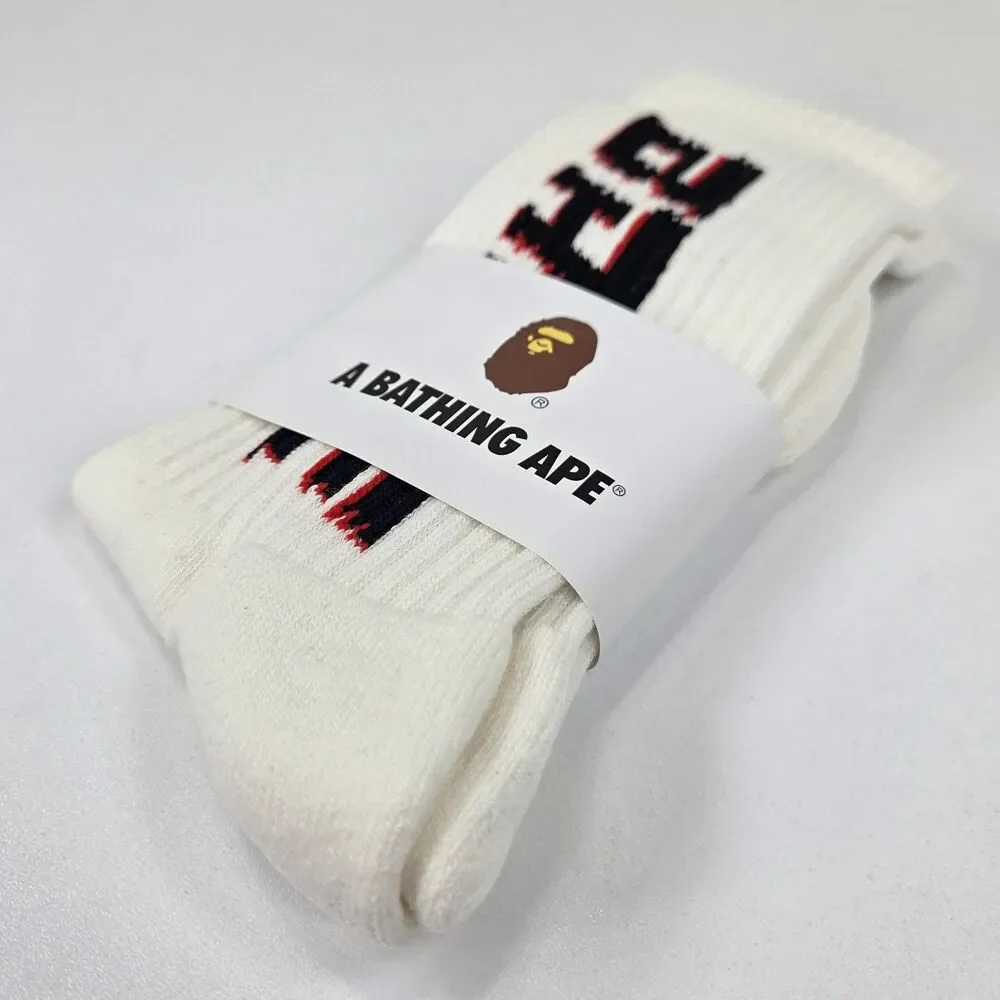 A Bathing Ape Bape BAPE Spellout Crew Socks White Black Red Brand New